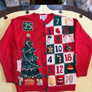 Vintage Festive Red Christmas Sweater with Advent Calendar Design